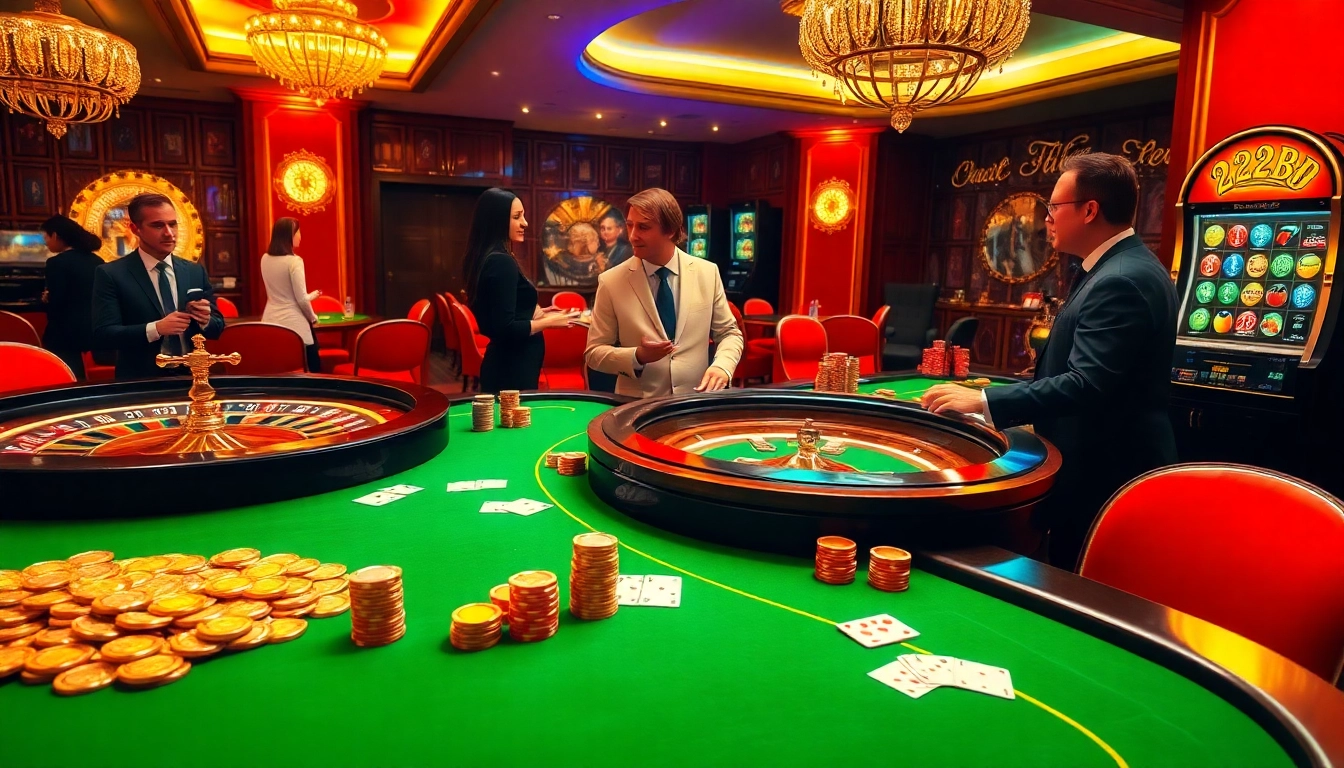 Gamblers enjoying a thrilling game of poker and slots at 222bd casino.