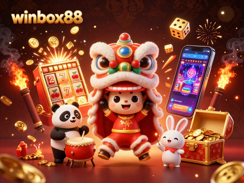 Winbox88 showcases lively characters in a vibrant online casino scene filled with jackpot excitement.