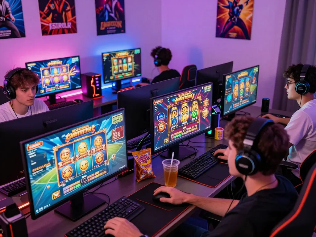 Players enjoying slot gacor games in a vibrant online gaming setting with multiple screens and gaming accessories.