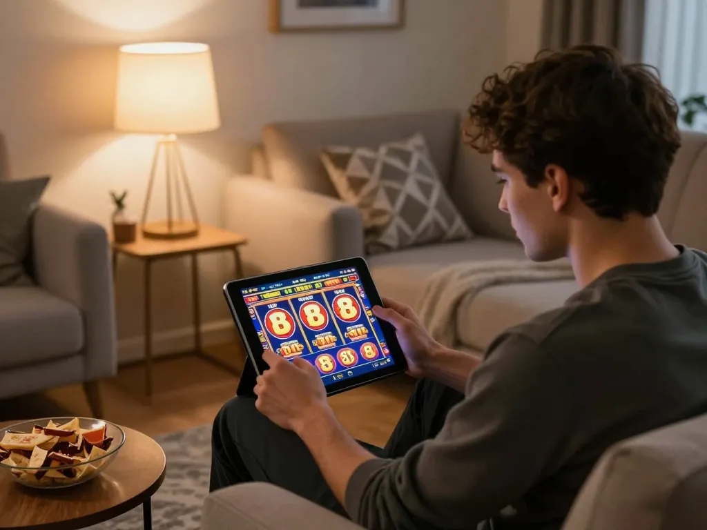 Engaging in slot depo 1k gaming at home on a tablet, thief of cozy atmosphere.
