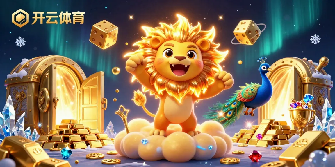 Experience thrilling gameplay with 开云体育, featuring dynamic visuals of golden dice, a roaring lion, and treasure elements.