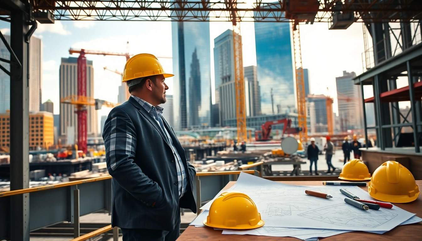 New York Commercial General Contractor managing a vibrant construction site with workers and cranes.