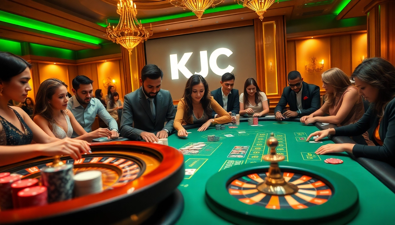 KJC players engaged in thrilling action at an upscale casino table, surrounded by poker chips and a roulette wheel.