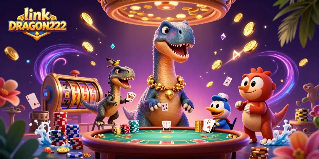 Experience the excitement at link DRAGON222 with thrilling slots, vibrant golden coins, and dynamic illustrations of classic casino action.