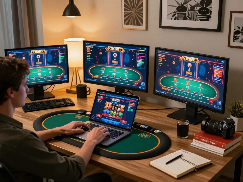 Engaged player enjoying live casino games at home with King33 on laptop