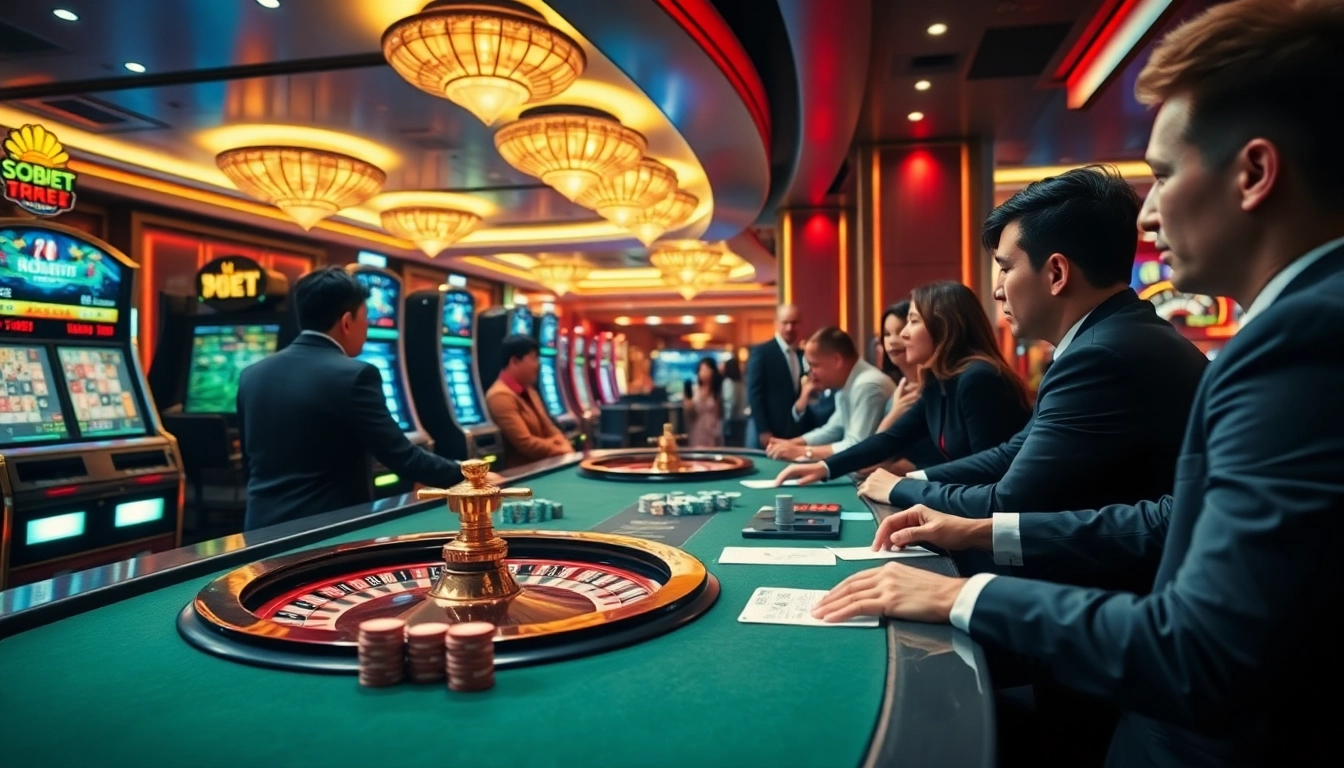 SBOBet players enjoying strategic sports betting at a luxurious casino table amidst vibrant gaming elements.