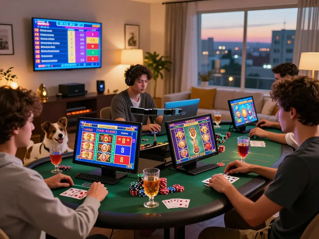 Atmosfer permainan situs slot daring yang menarik dengan berbagai pemain menikmati permainan slot berwarna-warni dan suasana yang hidup.