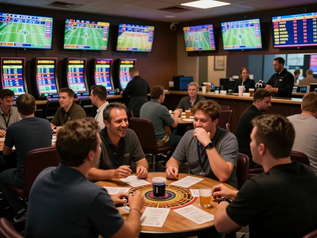 Excited bettors engaging in live sports betting at ATQ's dynamic lounge, showcasing multiple screens and warm ambiance.