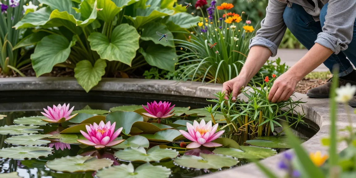 Water Lilies gently floating on a serene garden pond with a person tending to the plants.