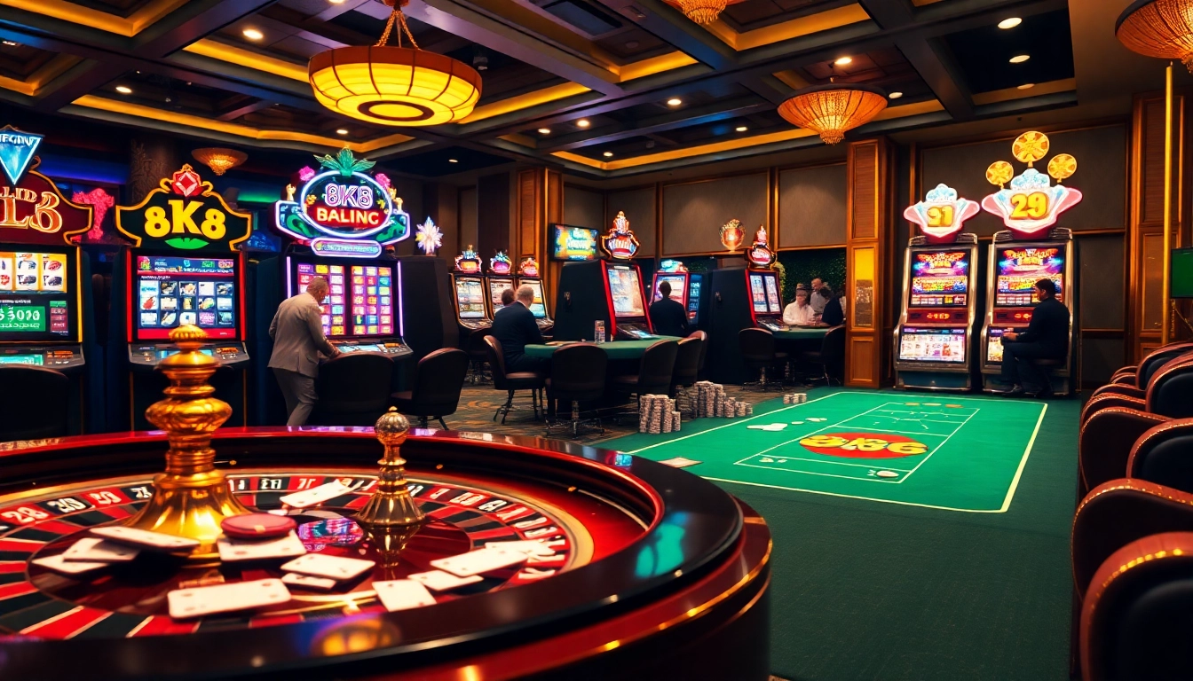 Experience the thrill of 8k8 with players at a luxe casino table, vibrant slots, and a roulette wheel.