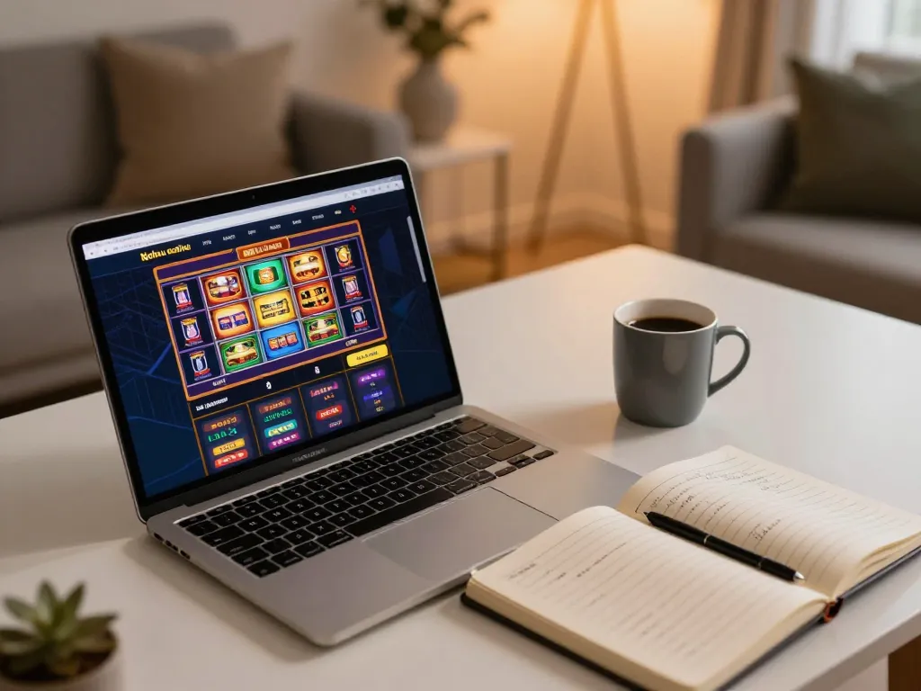 Nohu online casino setup with a laptop displaying exciting slot games, organizing betting strategies at home