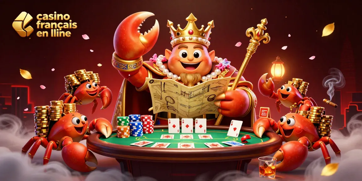 Illustration colorée d'un casino français en ligne avec un crabe royal et des jetons de poker.