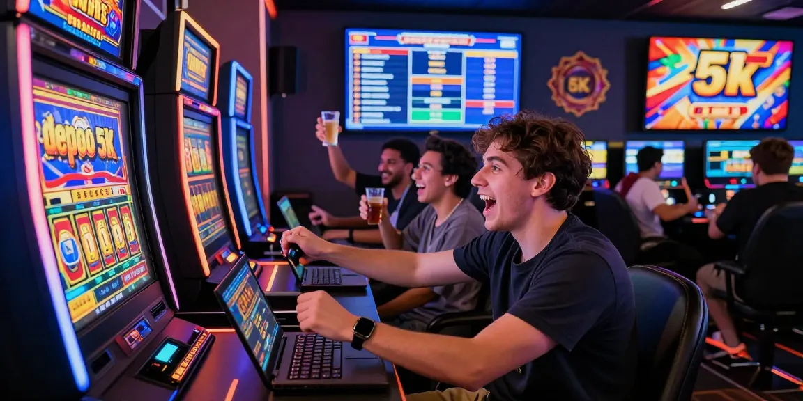 Exciting slot depo 5k gaming scene with enthusiastic players at a high-tech casino, highlighting vibrant slots and engaging atmosphere.