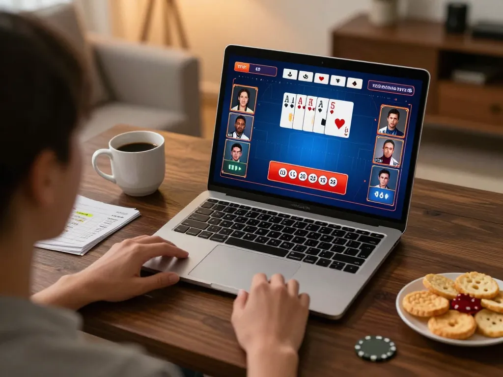 Engaging in virtual poker gaming on VT88 platform at home, combining leisure with strategic betting.