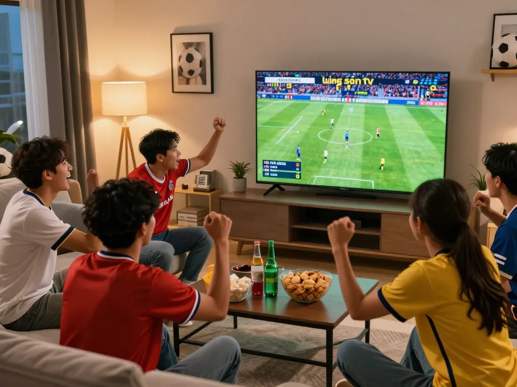 Friends enjoying a football match on lương sơn tv with snacks and a warm atmosphere.