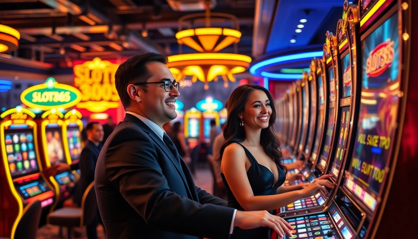 Exciting casino atmosphere with gamblers enjoying slot365 machines filled with vibrant lights and professional ambiance.