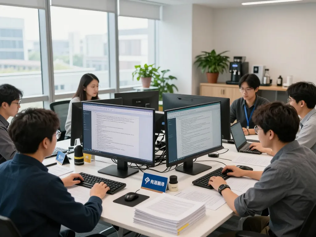 团队在翻译服务办公室协作，使用有道翻译工具，展示现代工作空间。