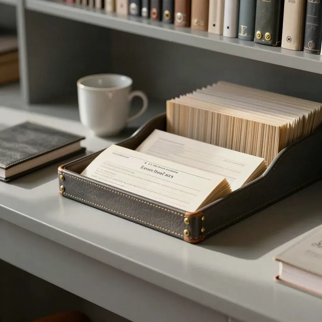 Ivory media tray, address binder, cup, and tabs on a quiet library desk