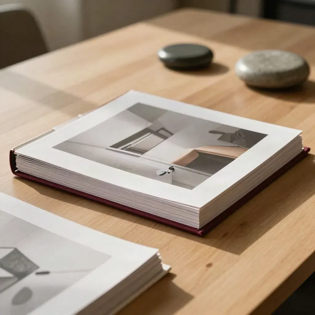 Open impact report binder with tabs and proofs on a boardroom table