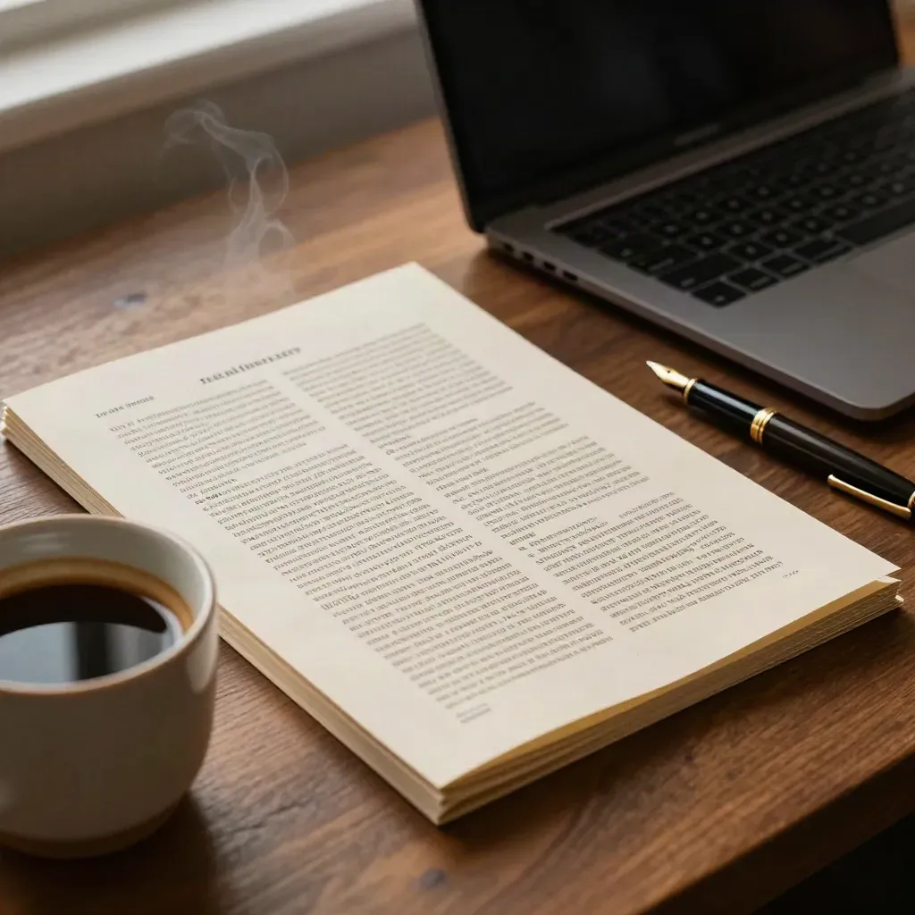Marked-up op-ed pages beside a half-closed laptop, cooling coffee, and a fountain pen on a warm desk.