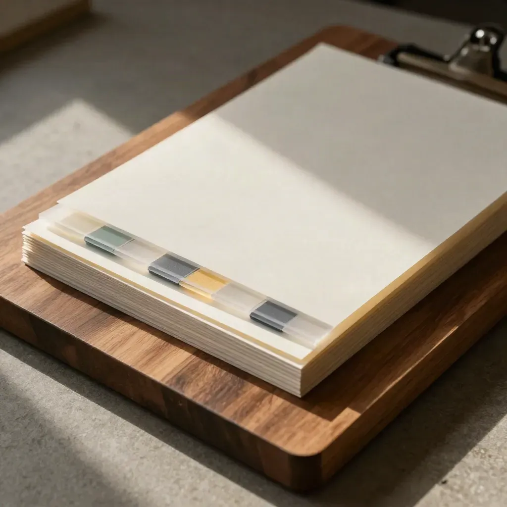 Top-down message map sheets and color tabs on a warm walnut board in soft daylight