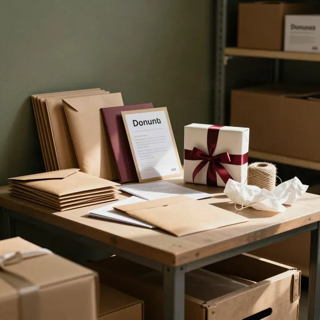 Charity launch kit on a shipping table with kraft mailers, folders, ribbon, and a wrapped gift in dawn light