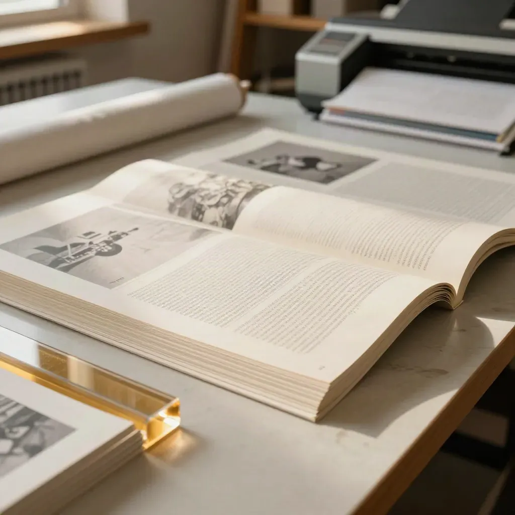 Low print-studio view of annual-report pages held open by acrylic weight with proof stack and warm light.