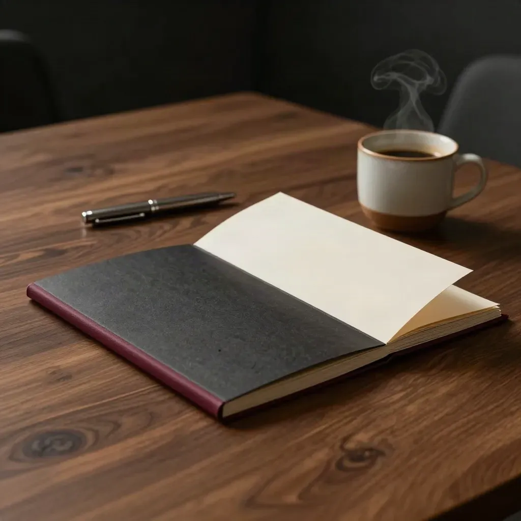 Open campaign memo folder, pen, and coffee cup on a pre-dawn conference table.