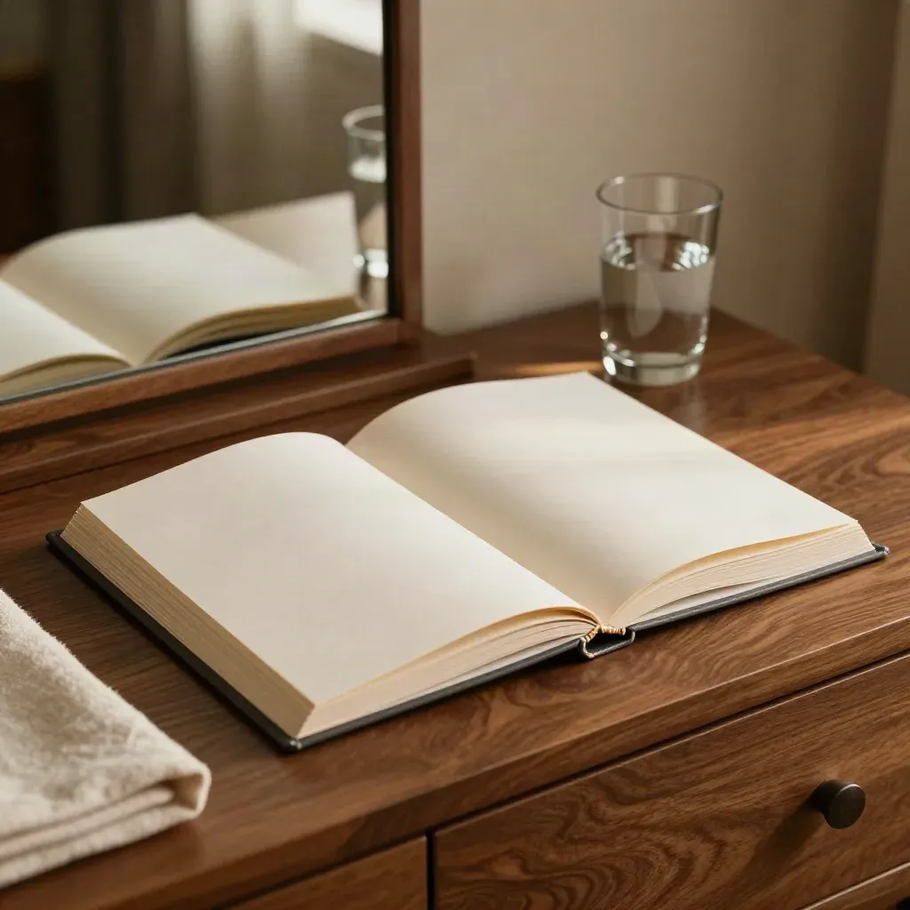 Open binder beside a mirror and water glass on a hotel dresser at dusk