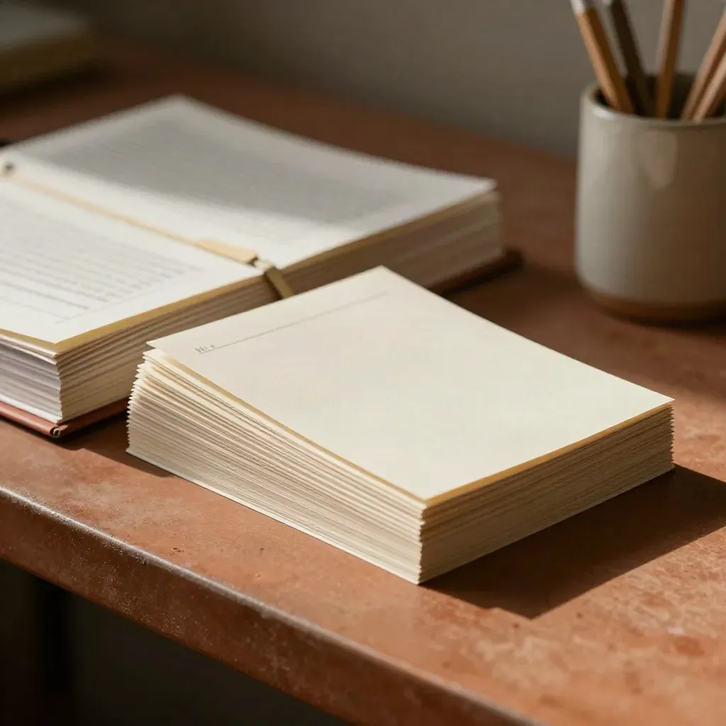 Sorted index cards, tabbed binder, and pencil cup on a terracotta desk in soft daylight.