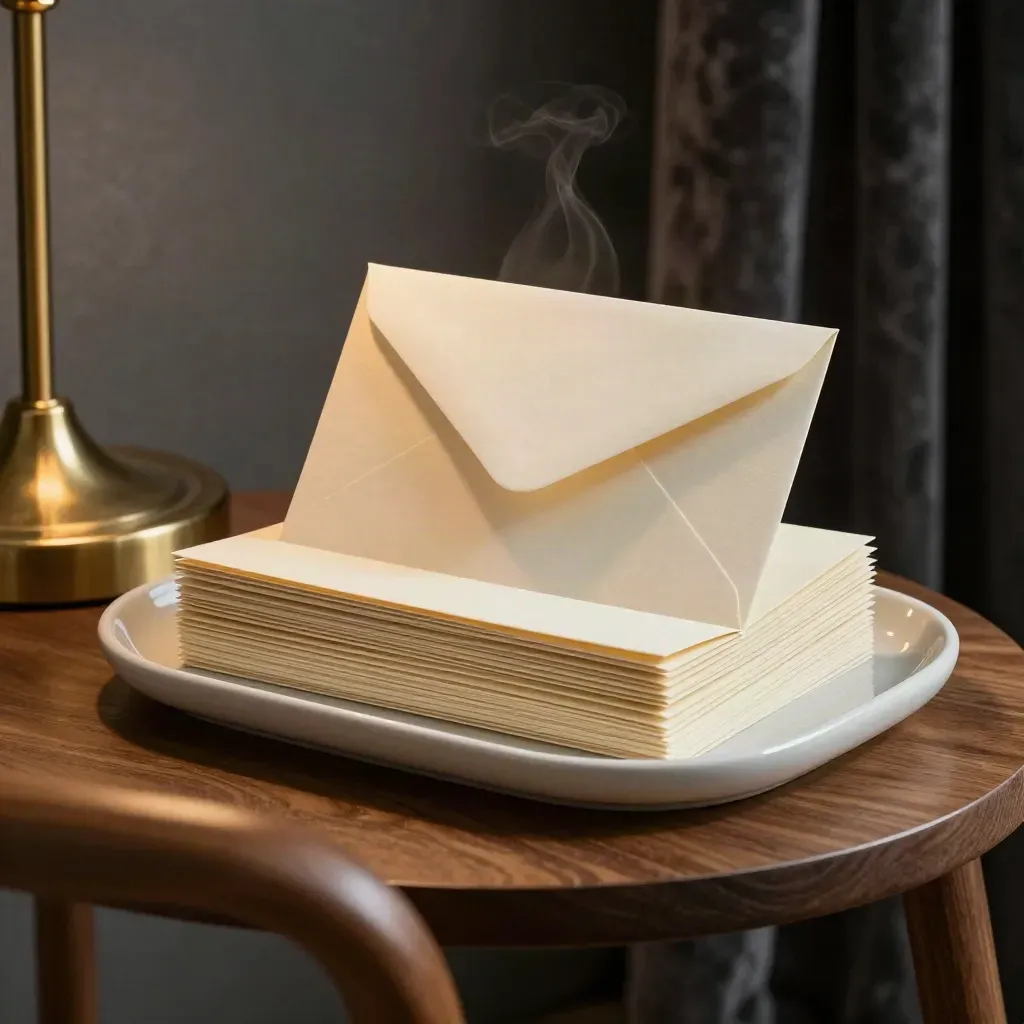 Stacked envelopes and folded note cards on a chair-side table in moody gold light.