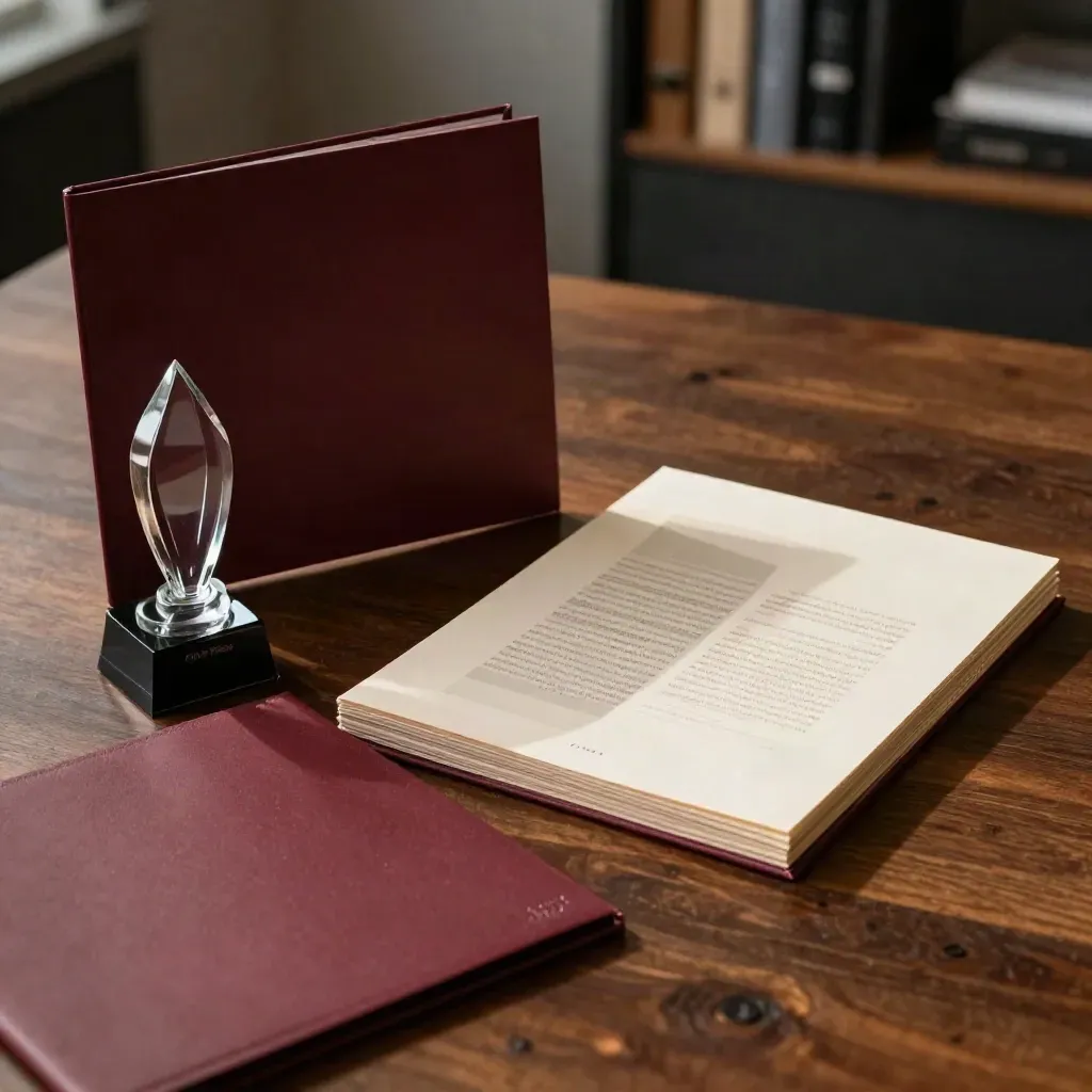 Awards-entry folder, glass trophy, and proof pages on a dark table in warm window light.