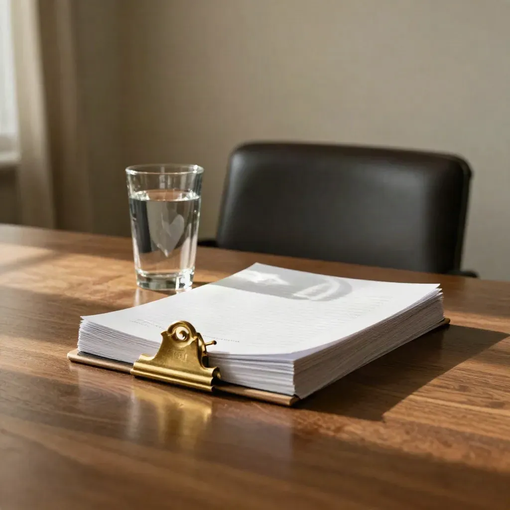 Board update notes stack with brass clip and water glass on a warm meeting table.
