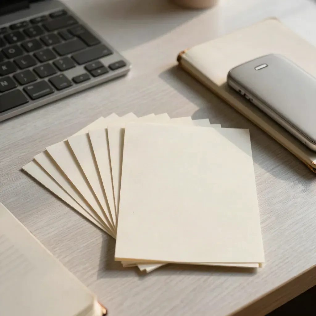 Overhead editorial desk scene with reply cards, keyboard, phone, and notebook in morning light.
