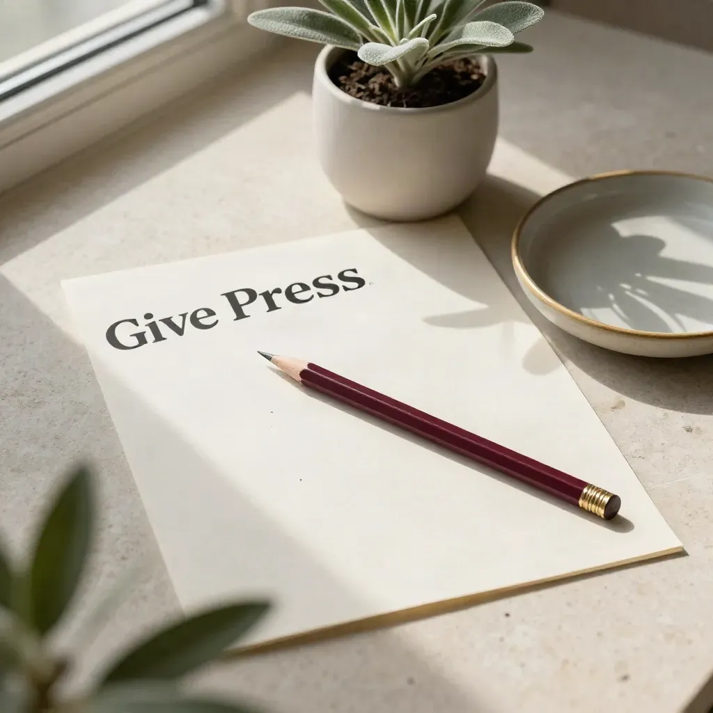 Overhead flatlay of a burgundy pencil, press-proof sheet, small plant and gold-rimmed dish
