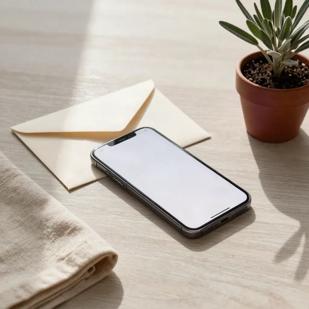 Smartphone, envelope, linen cloth and small plant on pale wood in soft daylight.
