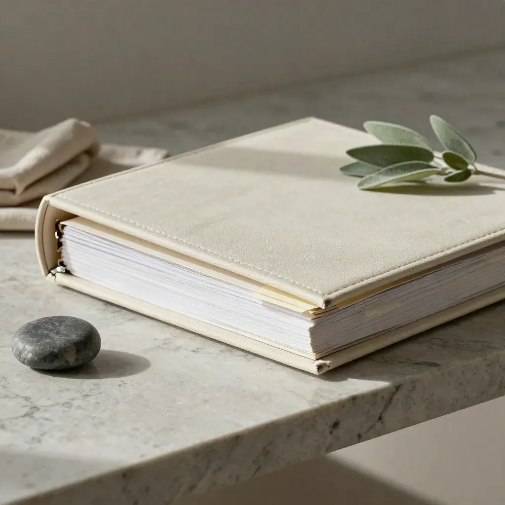 Half-open report binder with tabs, linen cloth, stone paperweight and greenery on a limestone shelf.