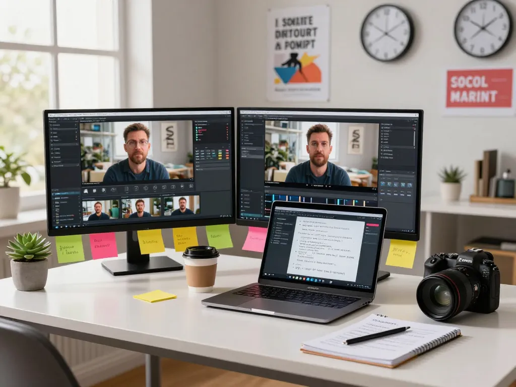 Creator using video to prompt technology in a modern workspace, analyzing video content for AI generation.