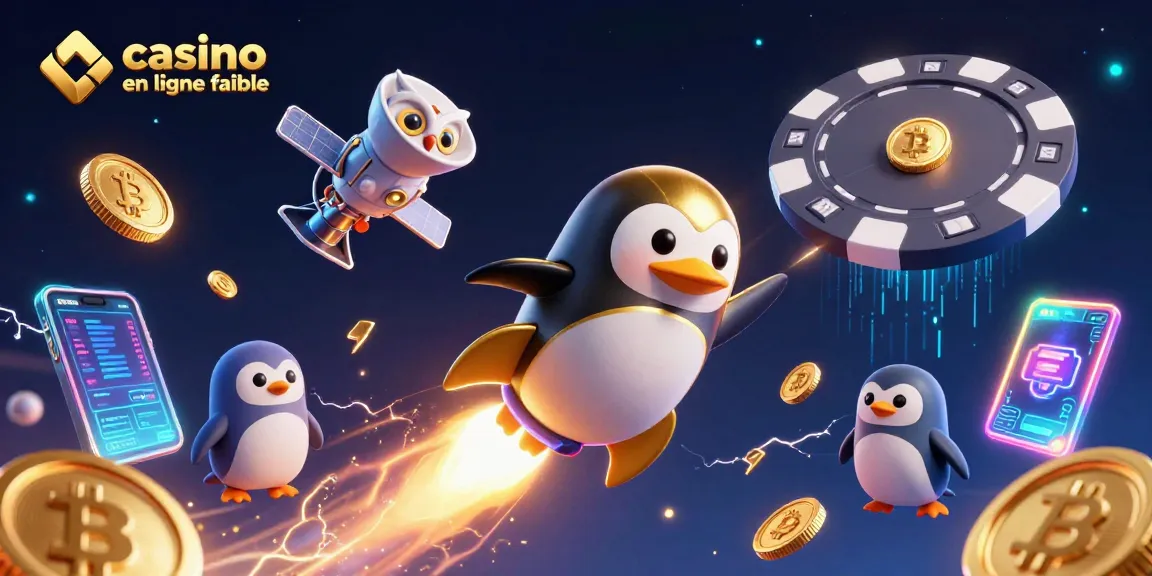 Jouer sur un casino en ligne fiable illustré par un pingouin doré dans l'espace, entouré de pièces de crypto-monnaie.
