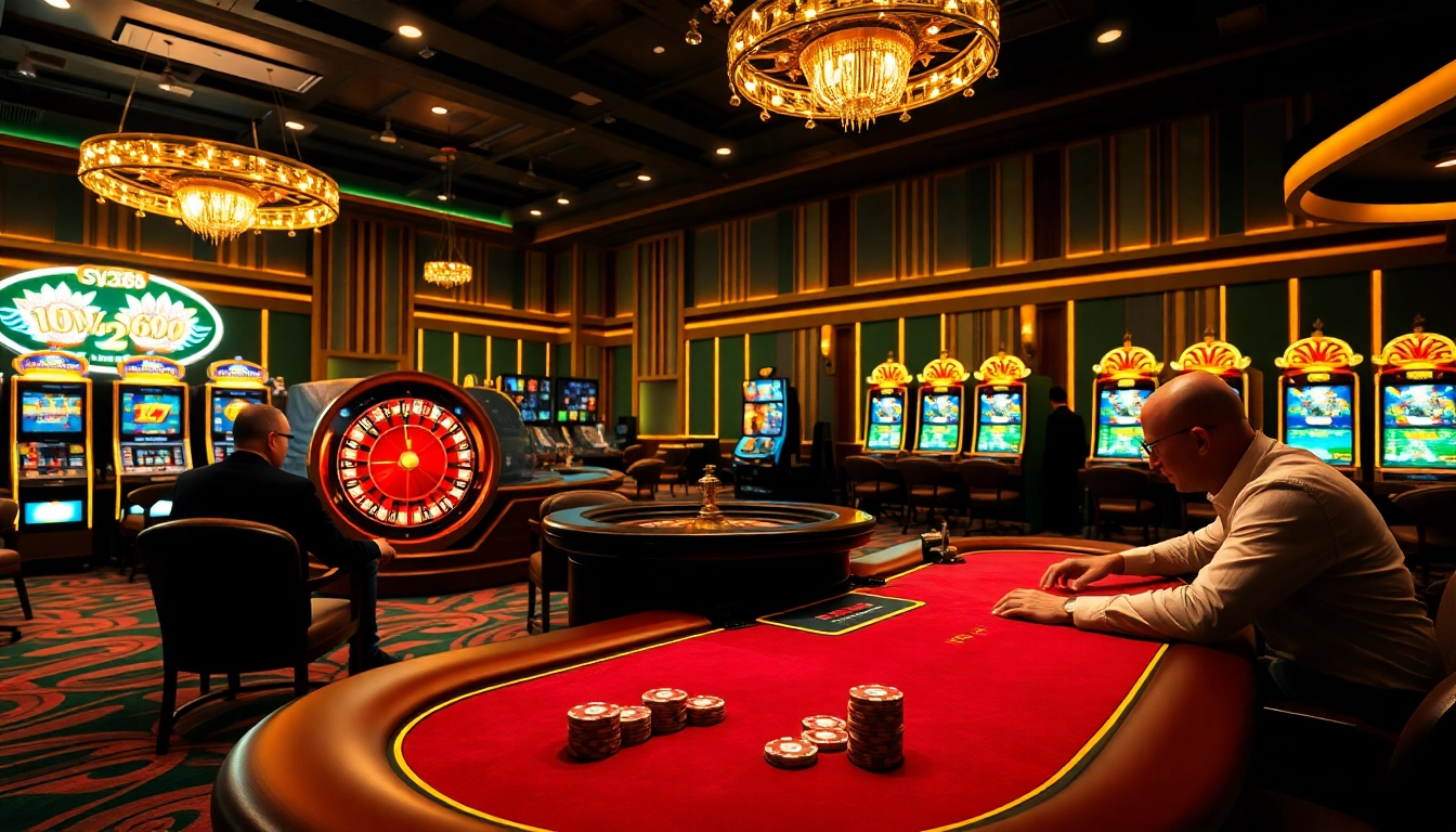 Experience an exciting poker game at SV388 Casino, showcasing vibrant casino elements and luxury.
