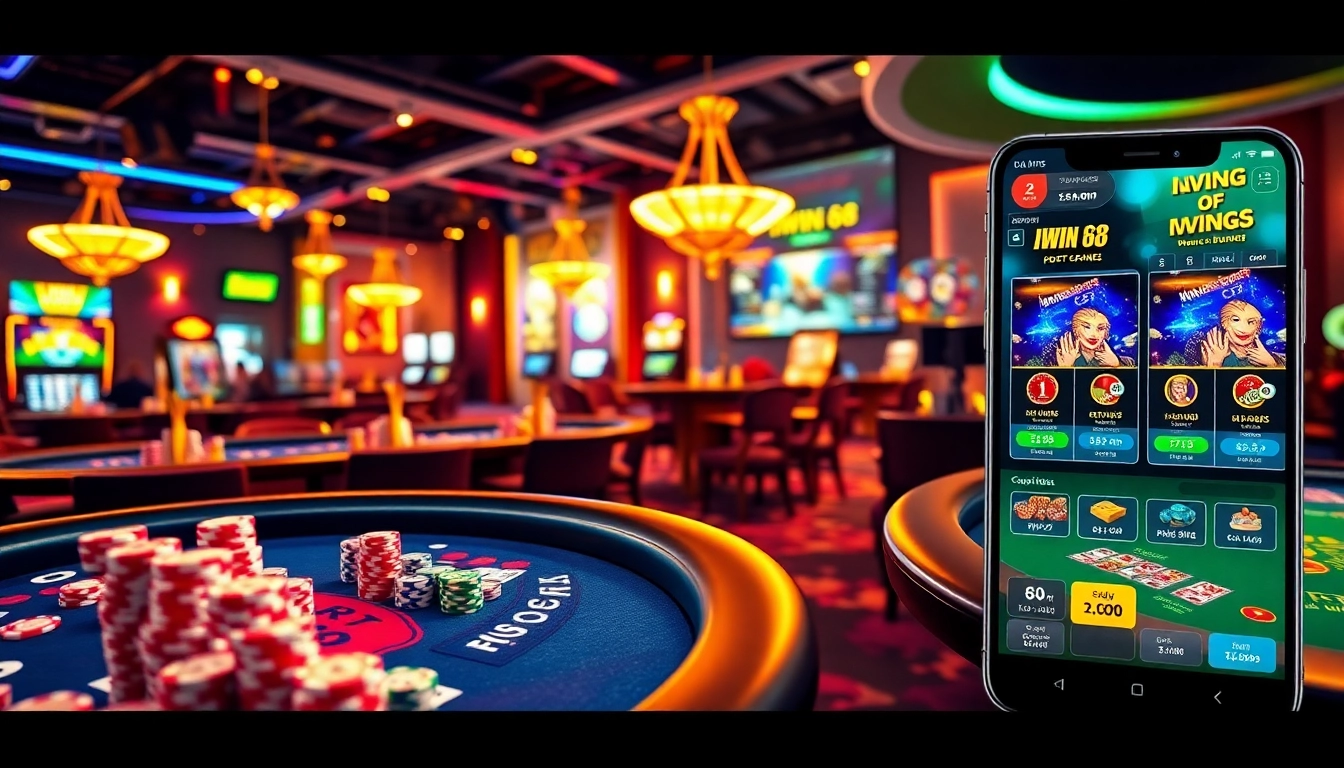 IWIN68 app showcased in a vibrant online casino scene featuring poker chips and excited players.