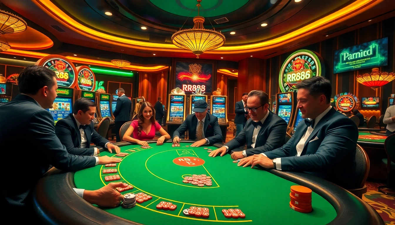 Experience the thrill of rr88 with a vibrant casino scene featuring poker, roulette, and slot machines.