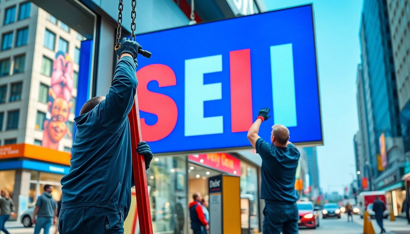 Sign installation showcasing technicians at work on a vibrant storefront sign.