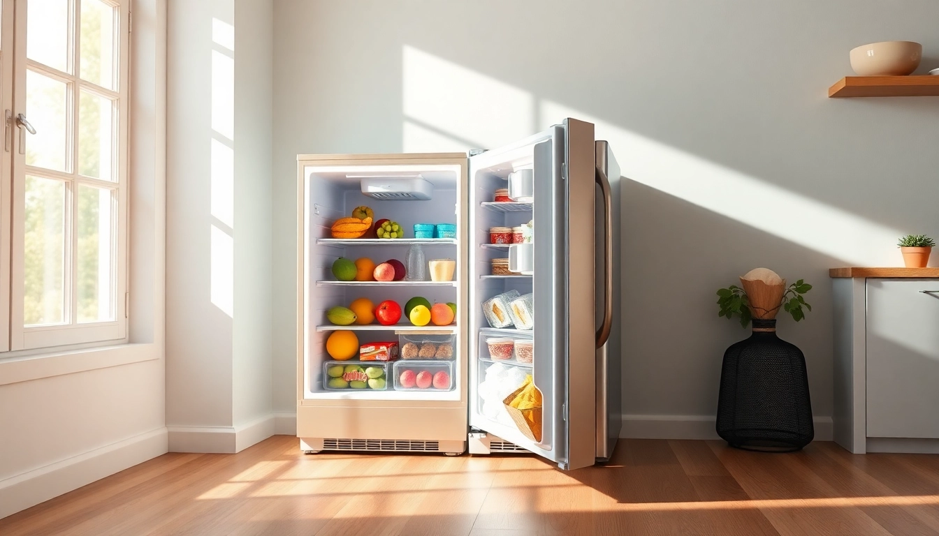 Showcase of an affordable mini fridge and freezer with vibrant contents in a modern kitchen