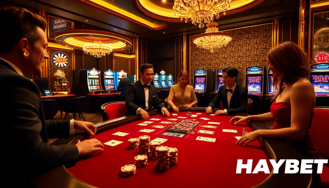 Experience the thrill of high-stakes gaming at HAYBET's luxurious casino, showcasing elegant poker and roulette.