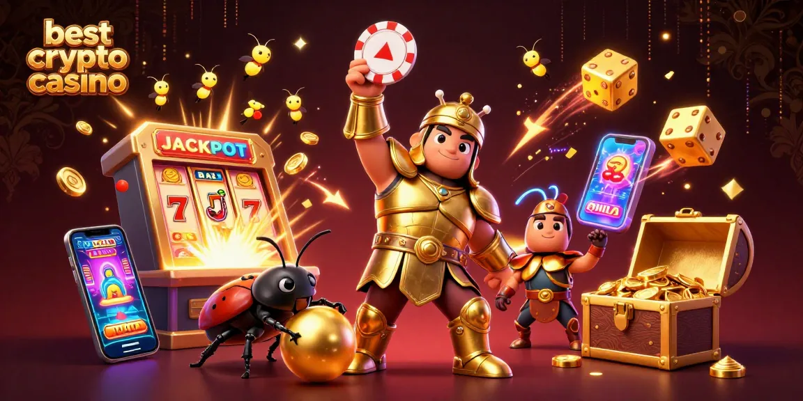 Le meilleur crypto casino célèbre un jackpot avec un scarabée musclé et des lumières scintillantes.