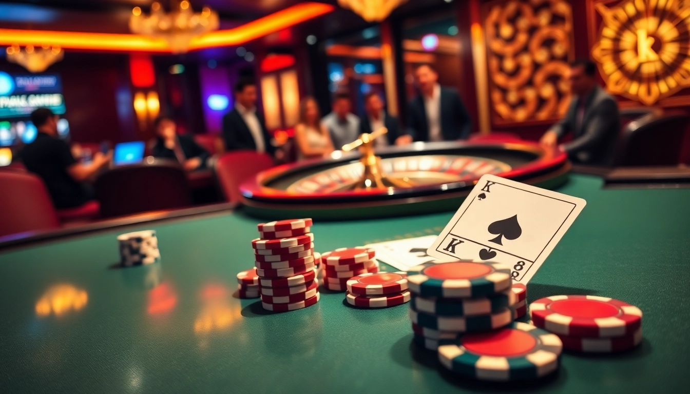 Experience the excitement at KP88's poker table, featuring vibrant chips and stylish cards in a luxurious casino.