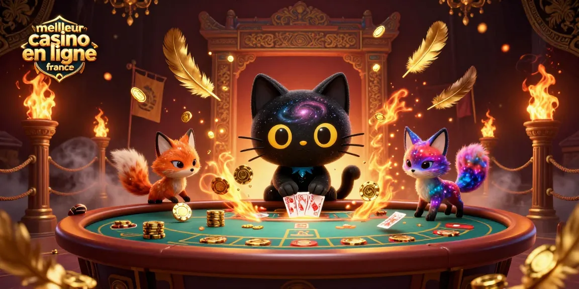 Illustration d'un meilleur casino en ligne France avec un chat noir trou noir et un renard nébuleux tirant des jetons dorés.
