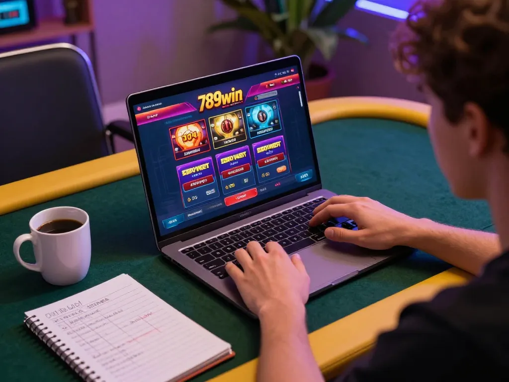 Player engaging with the 789win com platform, focusing on online gambling strategies in a cozy home setting.
