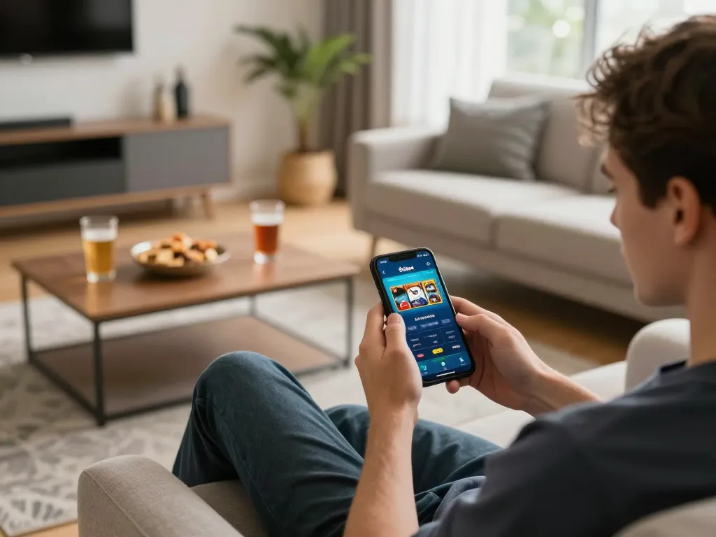 Player enjoying the 92slot app on smartphone in a cozy gaming setup, showcasing a relaxed gambling atmosphere